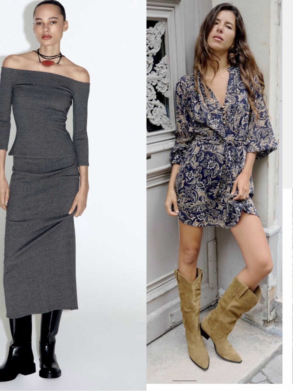 Zara Stretchy Midi Skirt and Paisley Print Mini Dress